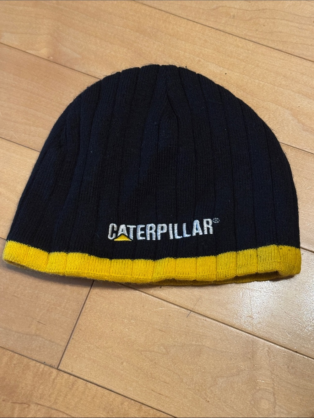 Caterpillar Black & Yellow Ribbed Knit Beanie Fleece Lined